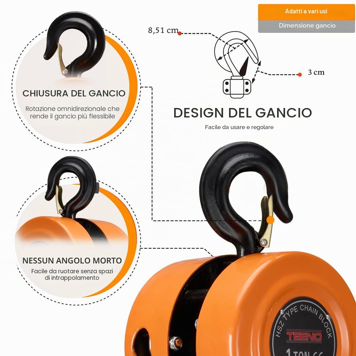Paranco Manuale a Catena con Gancio Resistente TEENO, 1000 kg, 3,0 m di Sollevamento Max, Paranco a Catena Doppia Catena di Carico, Catena G80