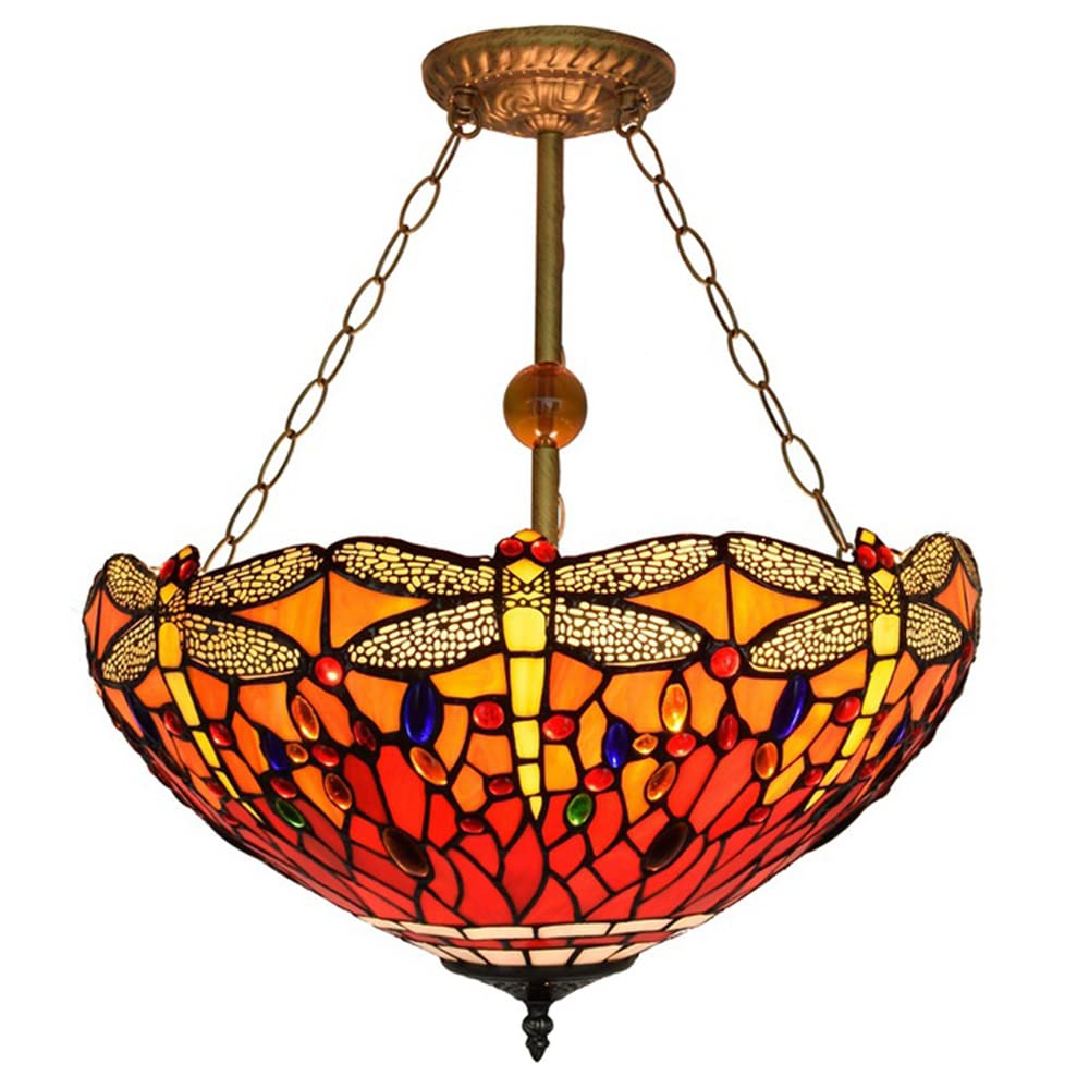 FYZDLAOR Red Dragonfly Pattern Vintage Tiffanystyle Inverted Pendant Lights Chandelier 18 Inches Wide 3 Light Fixture for Dining Living Room Bedroom Foyer Entryway