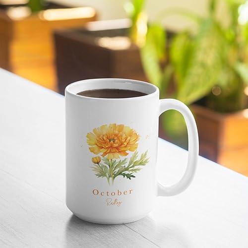 Miniatura 6 de Tazas de cerámica personalizadas del cubo de la caléndula de la olla con el nombre y el mes, Taza de café de la flor de la caléndula personalizada,