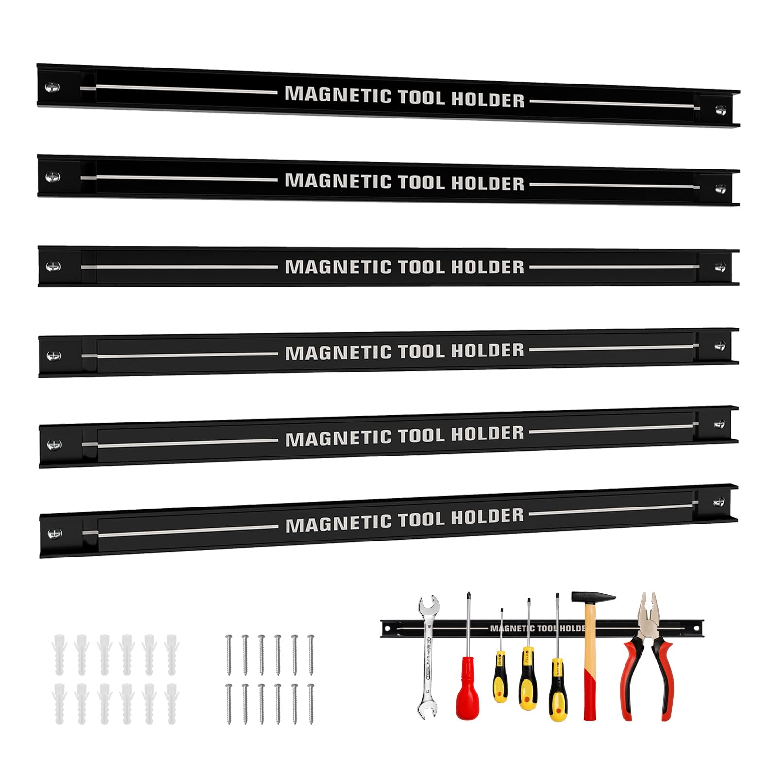 TANGZON Set of 3/6 Magnetic Tool Holder Rack, Heavy-Duty Steel Wall Mounted Tool Strip Organizer, Garage Wall Holder for Screwdriver Wrench (6PCS with Same Length, Black)