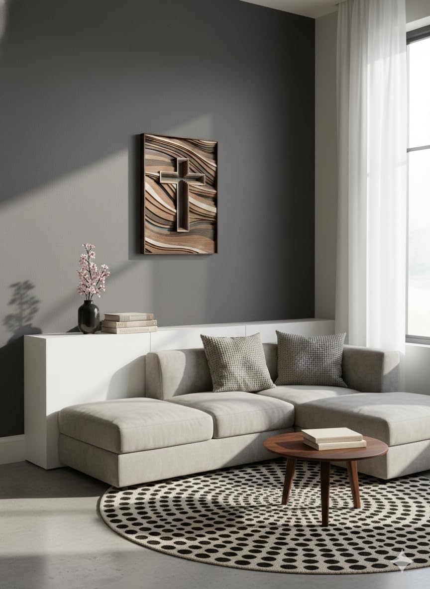 3D Layered Wooden Cross Wall Art – Handcrafted Plywood with Wave Pattern, Multi-Tone Natural Wood Grain Decor