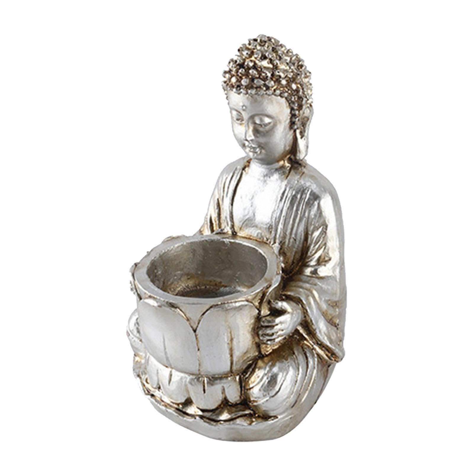 Cypreason Silver Buddha Tealight Holder, Resin Tealight Holder Meditation Buddha Figurine Zen Statue For Living Room, Backyard, Patio, Garden