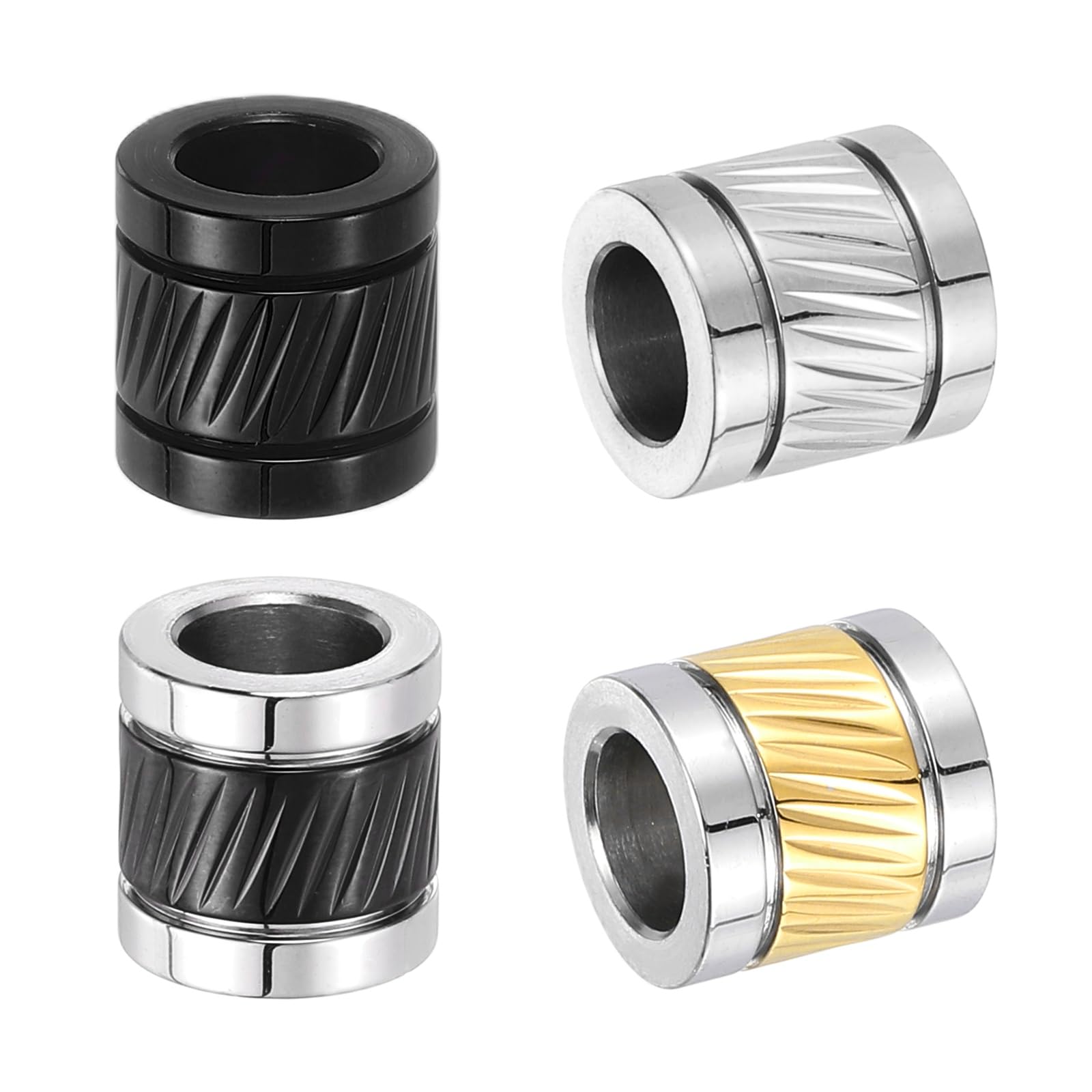 PATIKIL Stainless Steel Paracord Beads, 4pcs Grooved Tube Loose Column Spacer Beads 6mm Hole for DIY Bracelet Necklace Jewelry Making, Silver-Golden Tone,Silver Tone,Black,Silver-Black
