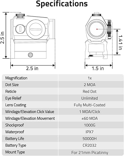 Miniatura 6 de CVLIFE JackalHowl - Mira de punto rojo, Motion Awake 2 MOA, óptica de punto rojo, IPX7 impermeable y a prueba de niebla, duración de la batería de