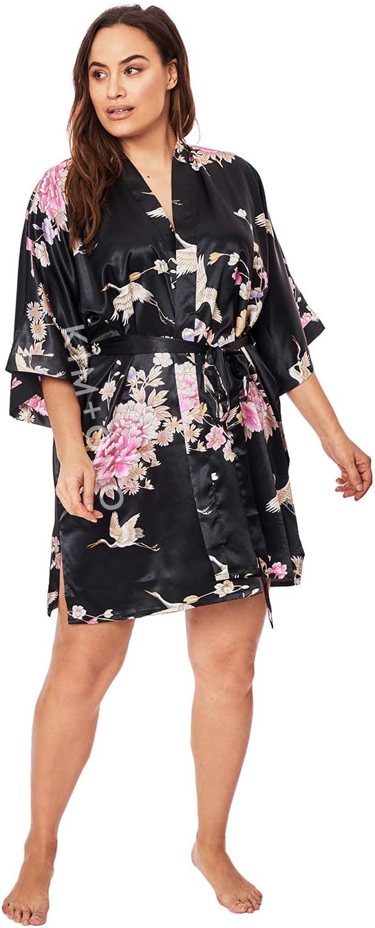 KIM+ONO Plus Size Luxury Kimono Robe for Women | Short Satin Floral Robe | Original Design | Removable Waist Tie Closure
