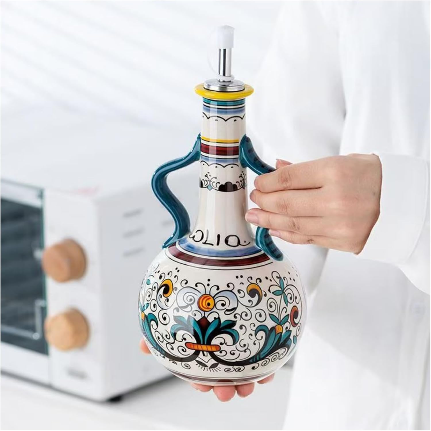 Italian Ceramic Olive Oil Dispenser Bottle 23oz, Hand Painted Olive Oil Bottles, Decorative Stoneware Olive Oil Cruet for Kitchen with Stainless Steel Spout for Oils, Sauces, Vinegar (B)