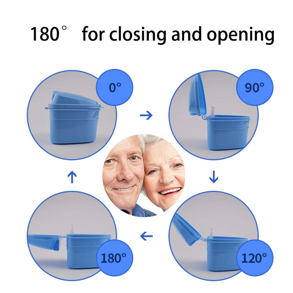 Denture Bath Box Cup and Toothbrush with Strainer Basket, False Teeth Storage Box Holder, Retainer Cleaning Box (Blue)