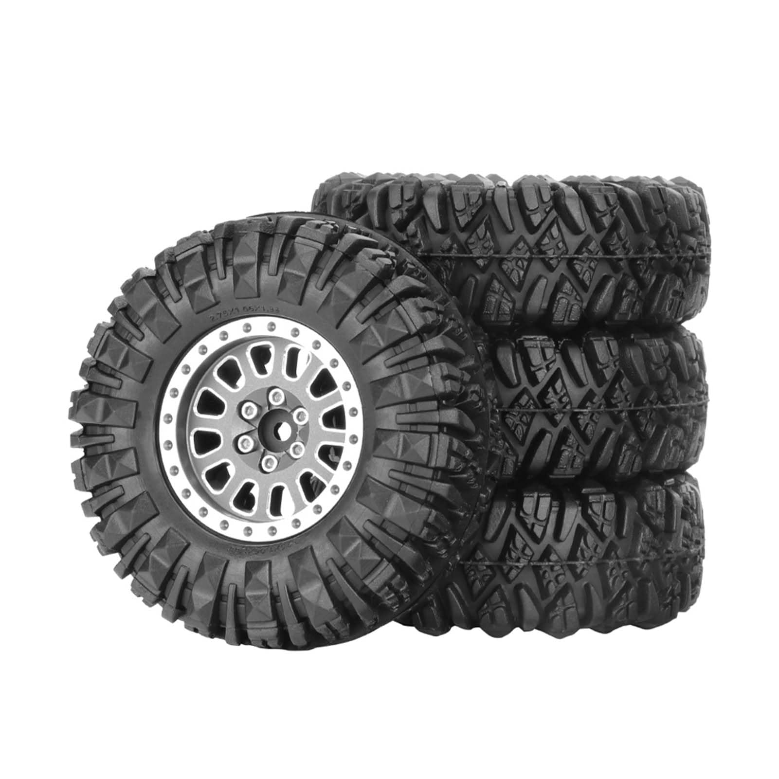 KEEDA 1.33” All-Terrain Tire and Wheel Set - Alloy Beadlock Wheels & Tyres with 5mm & 7mm Hex for 1/12 1/14 1/18 1/24 RC Crawler (D, Gray)