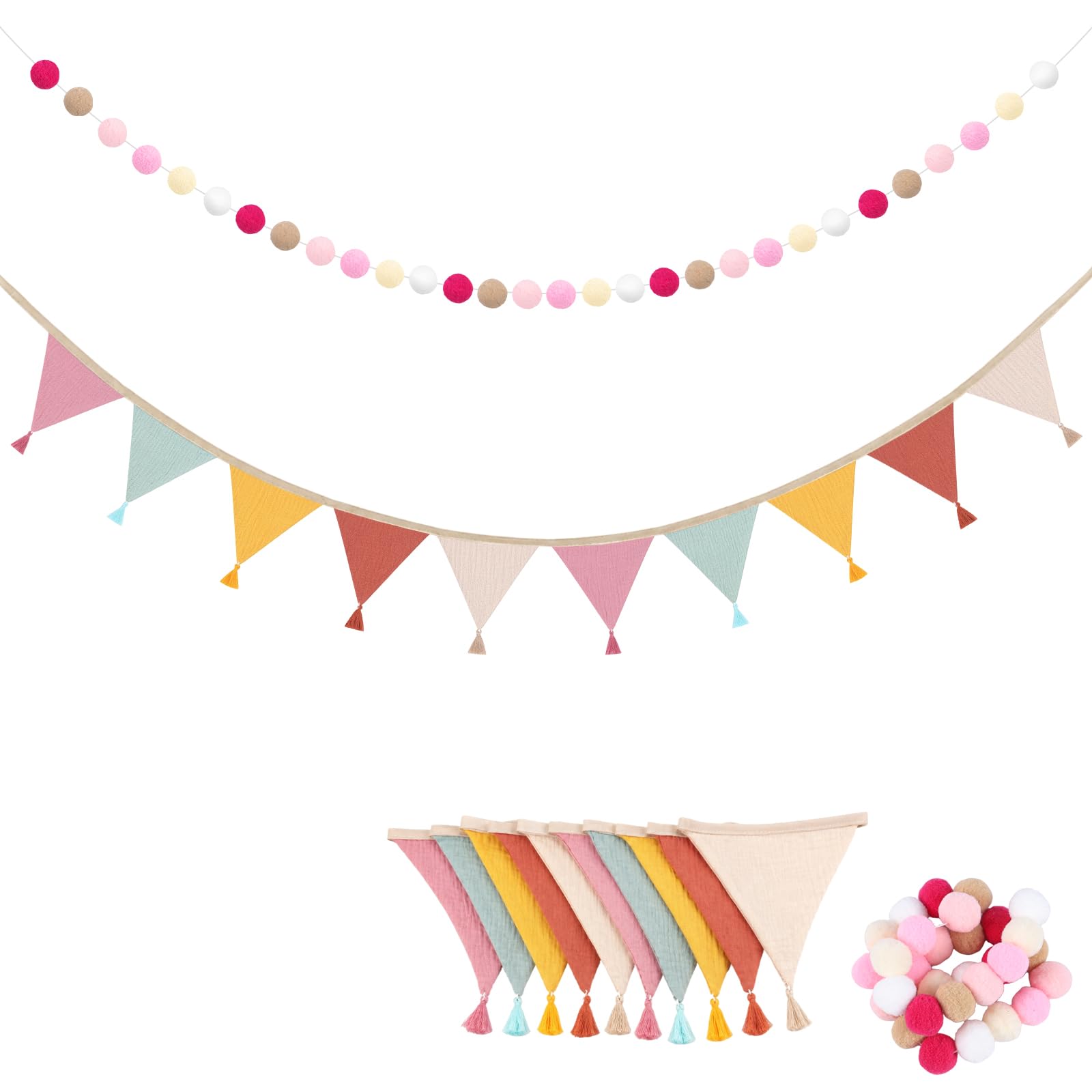Fohuanky Fabric Bunting and Felt Ball Garland for Nursery Decoration
