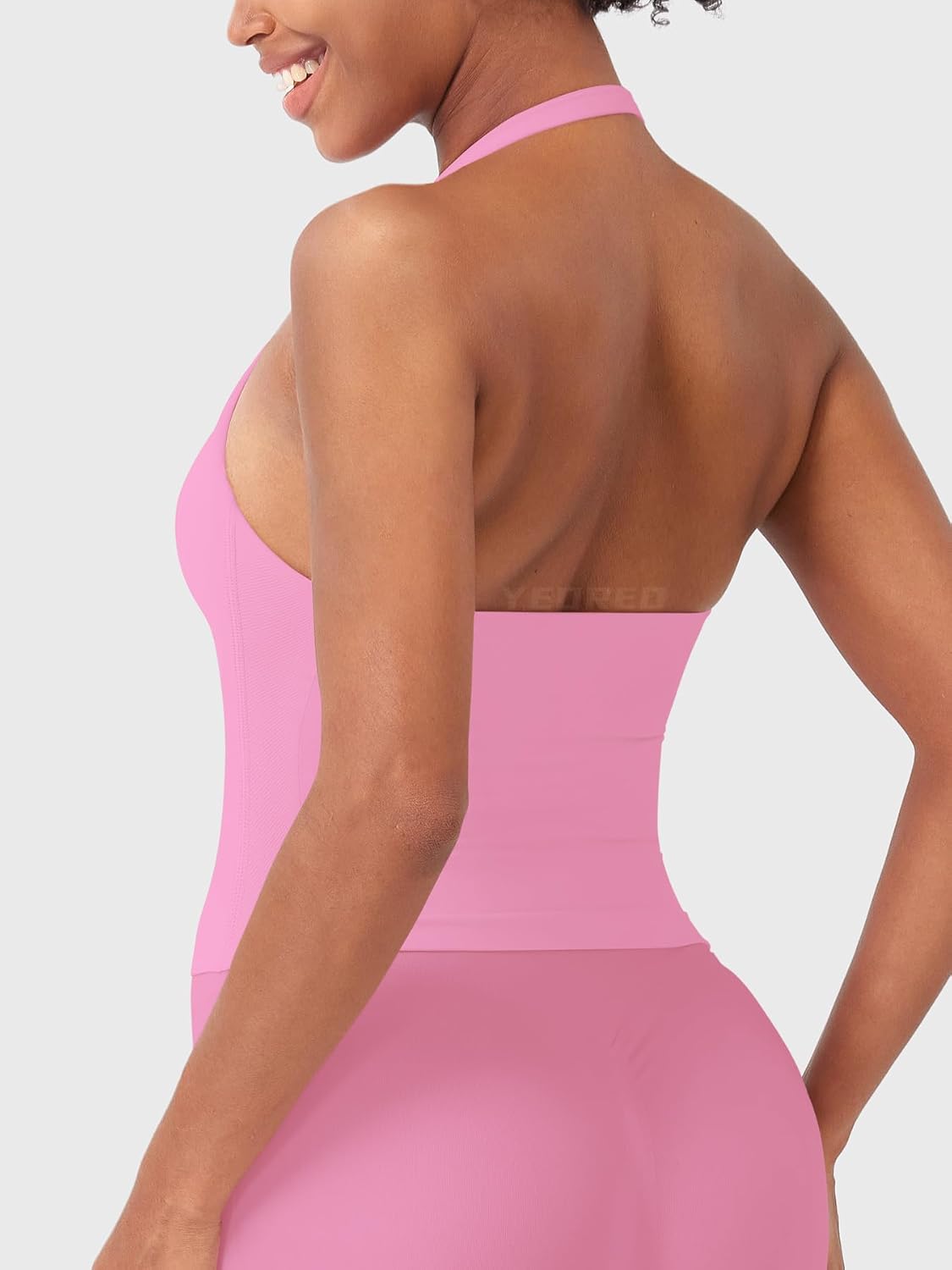 YEOREO SoftHue Women's Impact Halter Tank Top Longline Backless Scoop Neck Built-in Bra Sports Workout Gym Crop Top