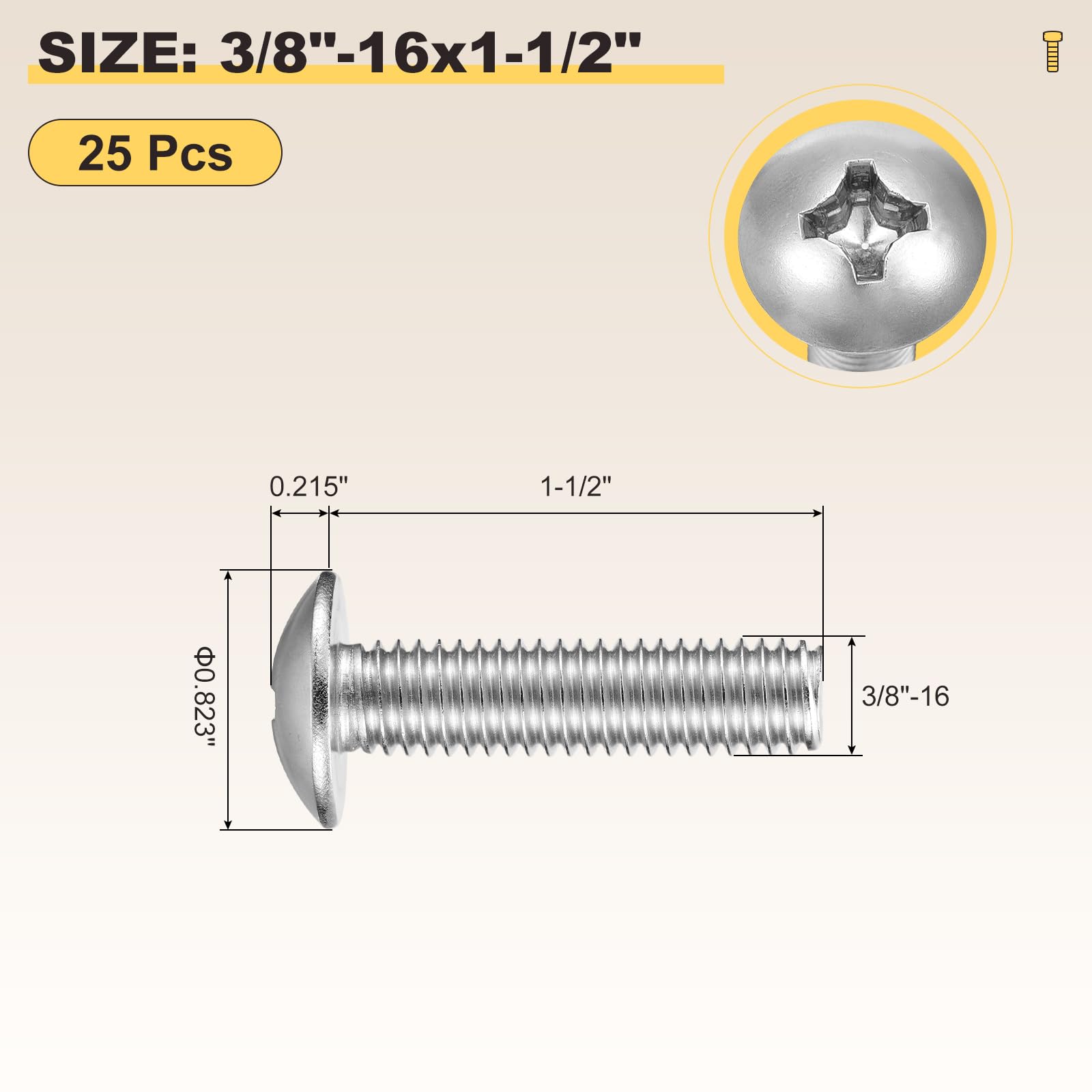 METALLIXITY Machine Screws Phillips Head(3/8"-16x1-1/2") 25Pcs, 304 Stainless Steel Round Head Phillips Drive Furniture Bolts - Image 2