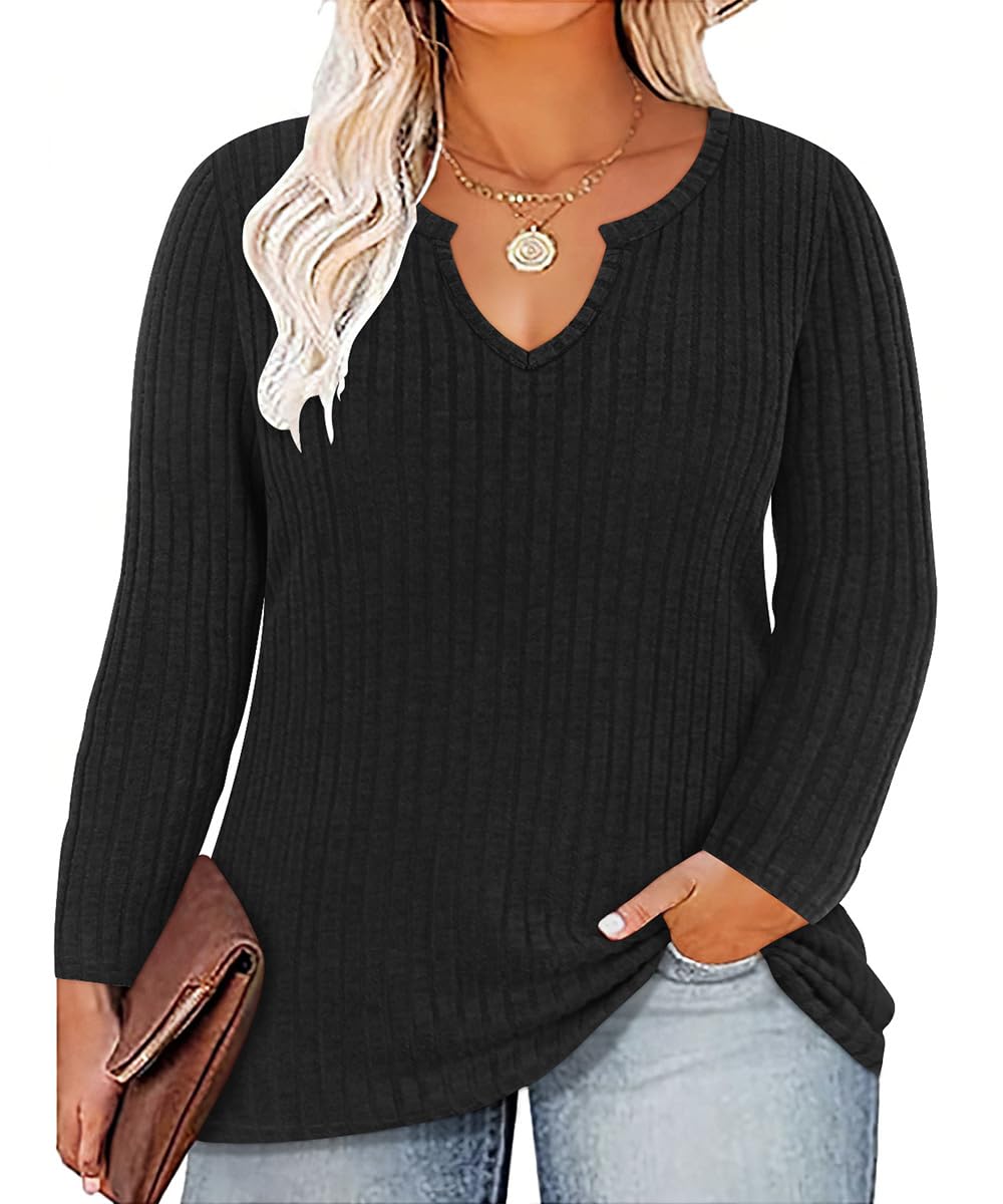 RITERA Plus Size V Neck Tops for Women Long Sleeve Side Split Lightweight Knitwear Solid Color Loose Casual Tunic Top XL-5XL