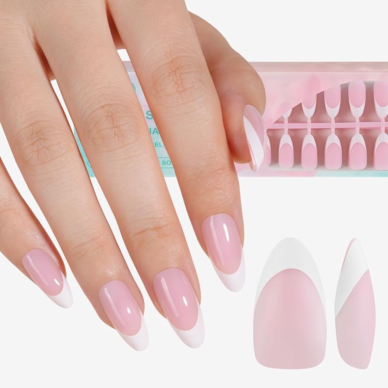 Misssix 150 piezas de uñas postizas de gel rosa almendra mediana con punta francesa | No es necesario limar puntas, uñas postizas preduraderas para Nail Art DIY, 15 tamaños