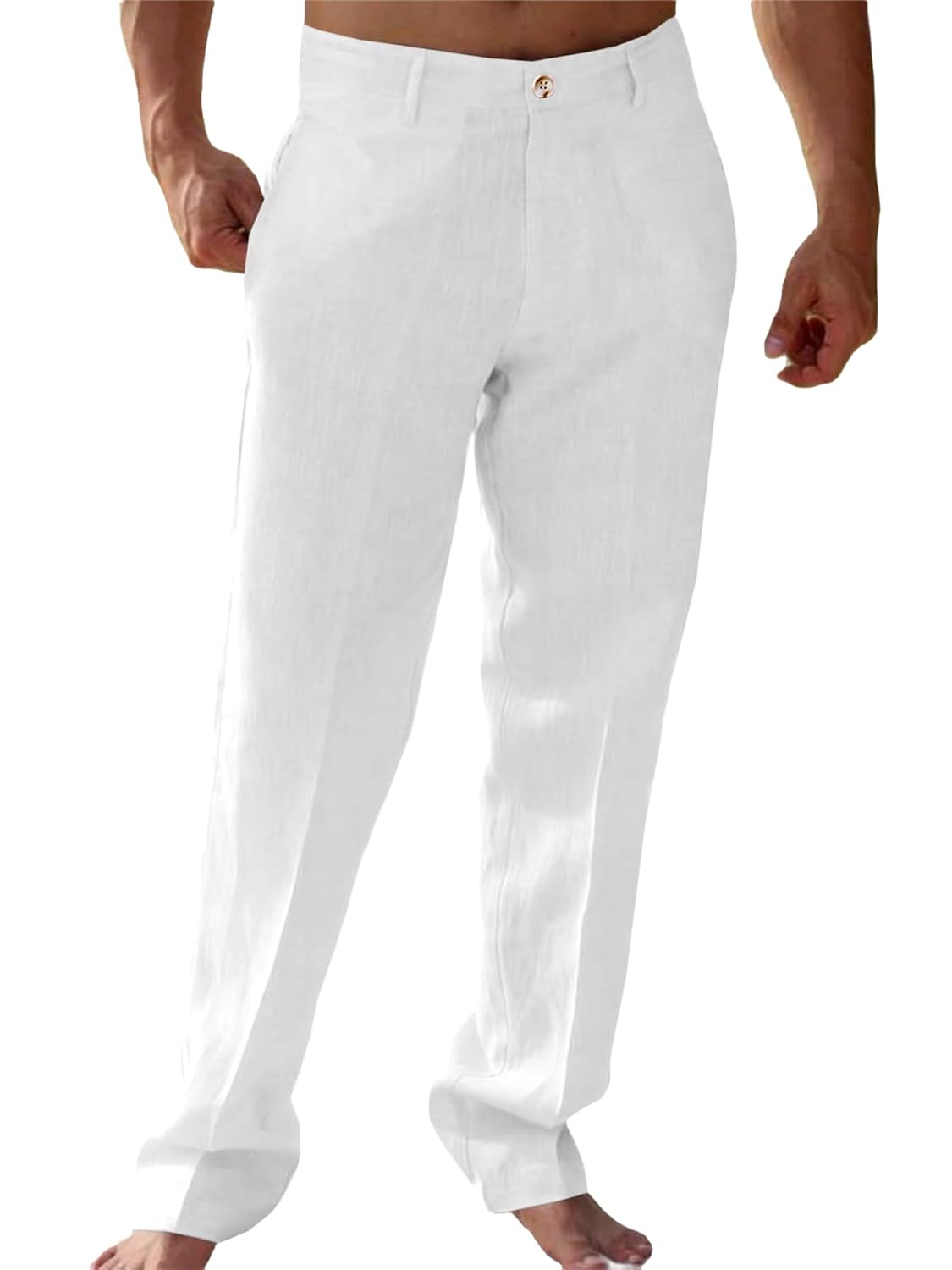 Runcati Mens Casual Pants Linen Elastic Waist Lightweight Straight Leg Pants Cotton Loose Fit Summer Beach Yoga Trousers