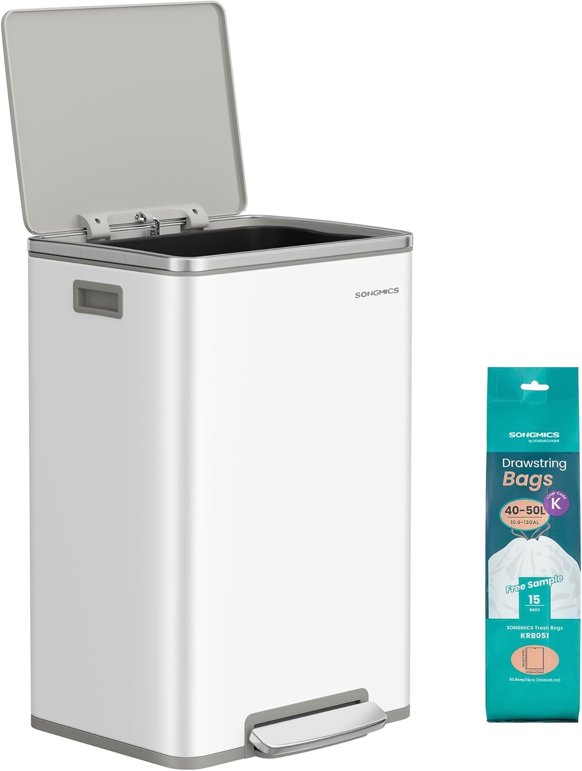 ( similar) SONGMICS Trash Can, 13-Gallon Gabbage Can, with 15 Trash Bags, Steel, with Soft-Close Lid, Removable Inner Bucket, Handles, Cloud White ULTB595W01V1 Stainless Steel Trash Can Cloud White