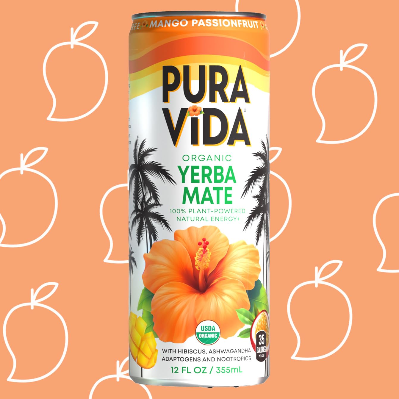 PURA VIDA YERBA MATE+ Functional Beverage | Hibiscus Flower Infusion with Adaptogens & Nootropics (Ashwagandha, Lions Mane, Reishi, Chaga, Cordyceps) | 35 Calories -6 grams Organic Cane Sugar and 120 mg Natural Energy· Mango Passionfruit 12 Fl Oz (355 mL) Can, 12-Pack