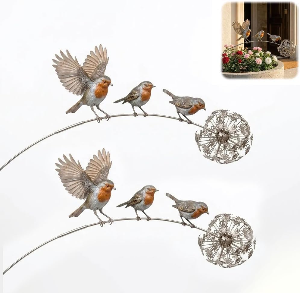 Robin Garden Stake, 3 Robin Birds and Dandelion Design, Outdoor Yard Art Stake for Lawn Patio Flower Bed Walkway (2 Pcs)