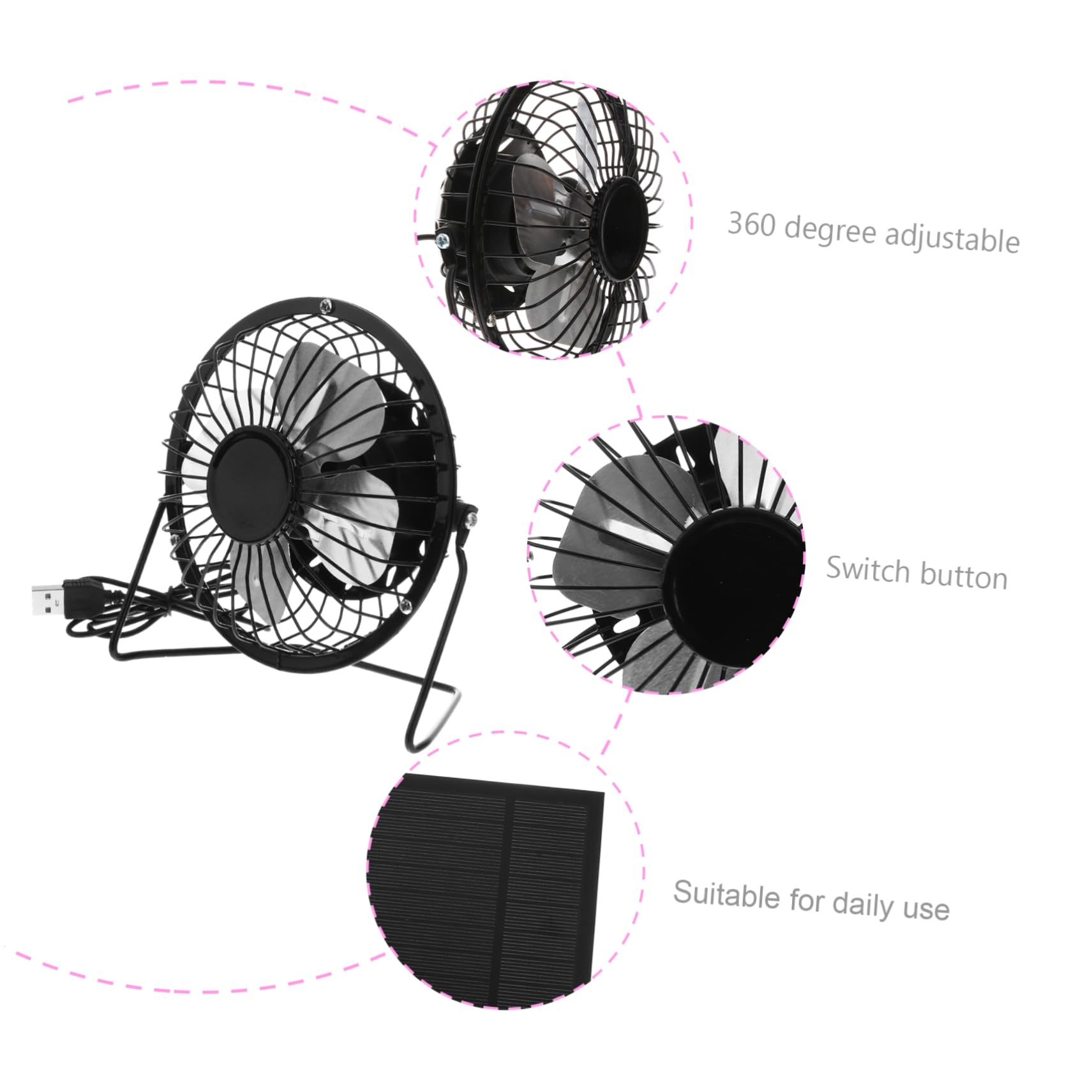 Mini Ventilateur de Bureau de Refroidissement Solaire USB 3w 5v Noir