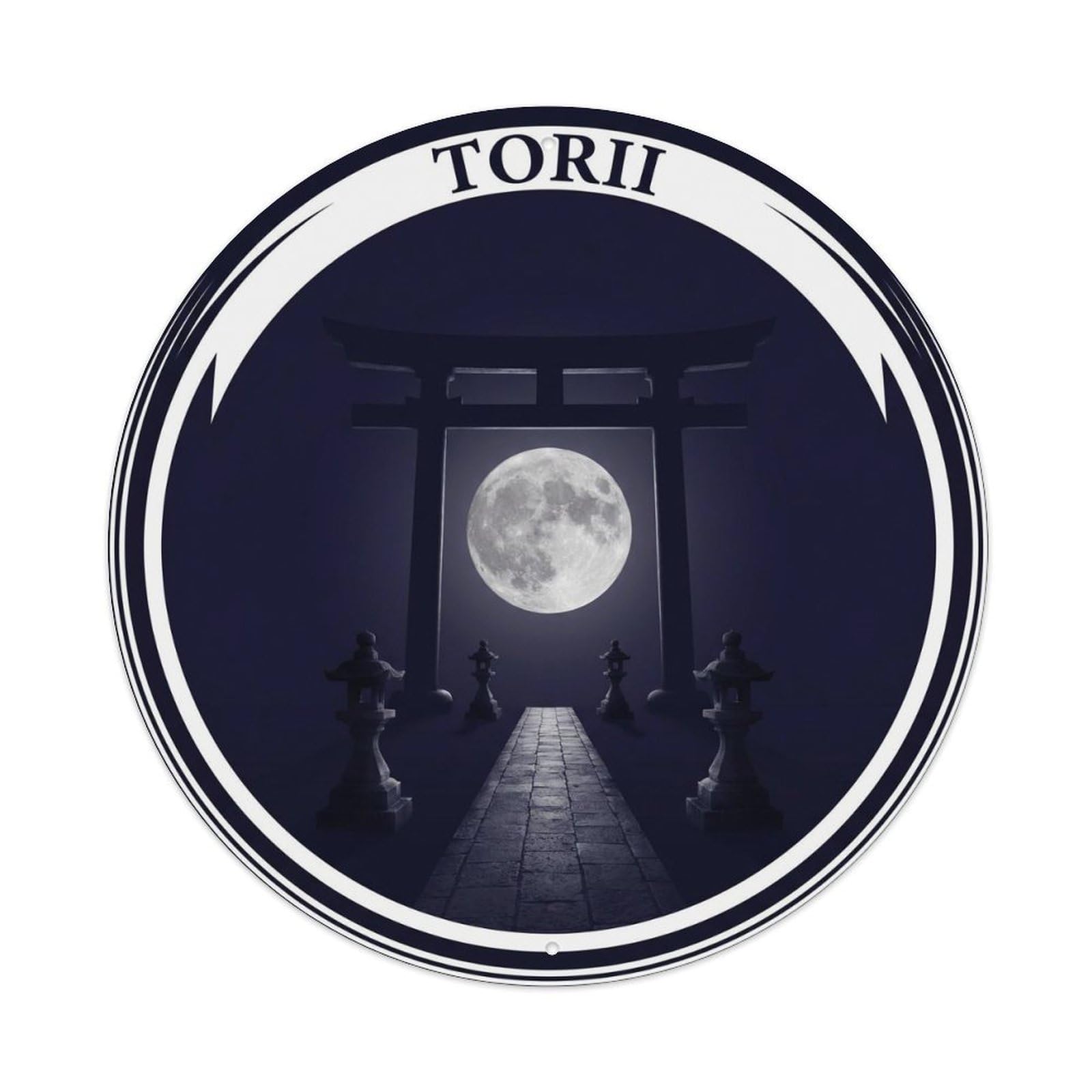 Olyhtr 8X8inch Classic Style Torii Moonlit Stone Path Minimalist Indigo Silver Japan Metal Tin Sign