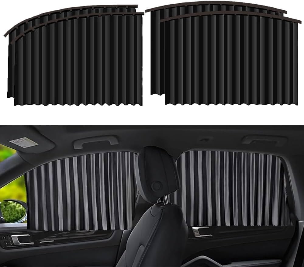 HMYZ 4pcs Universal Fit Magnetic Car Side Window Curtain, Foldable Car Window Privacy Curtains Sunshade Side Magnet Pleated Car Window Curtain - Removable (Black)