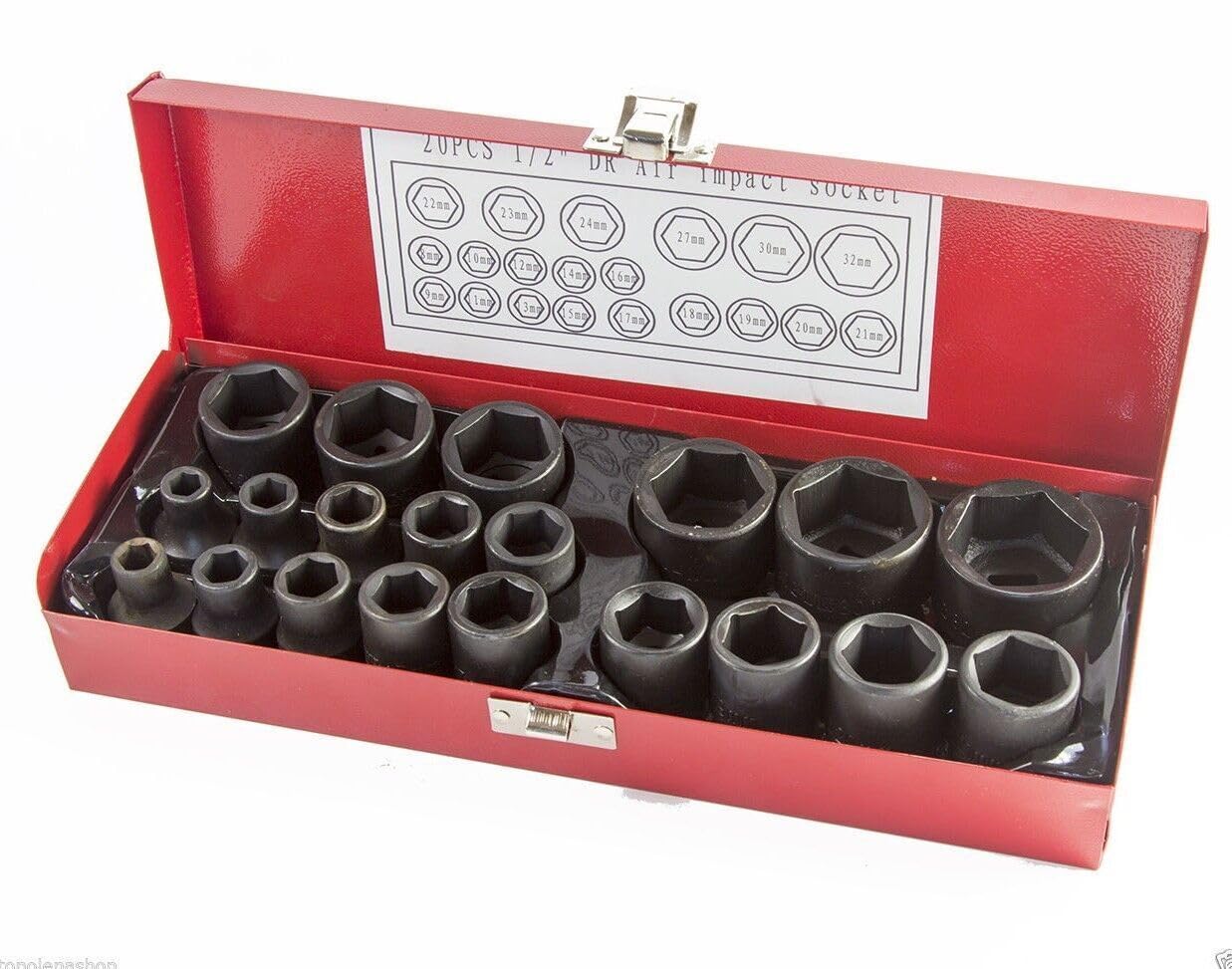 Topolenashop Bussole Boccole Per Pistola Avvitatore Pneumatico Set Kit 20 PZ Da 1/2" 8-32MM in Valigetta di Ferro per Officina, Artigiani e Fai da Te | Bussole per Avvitatore ad Aria Compressa