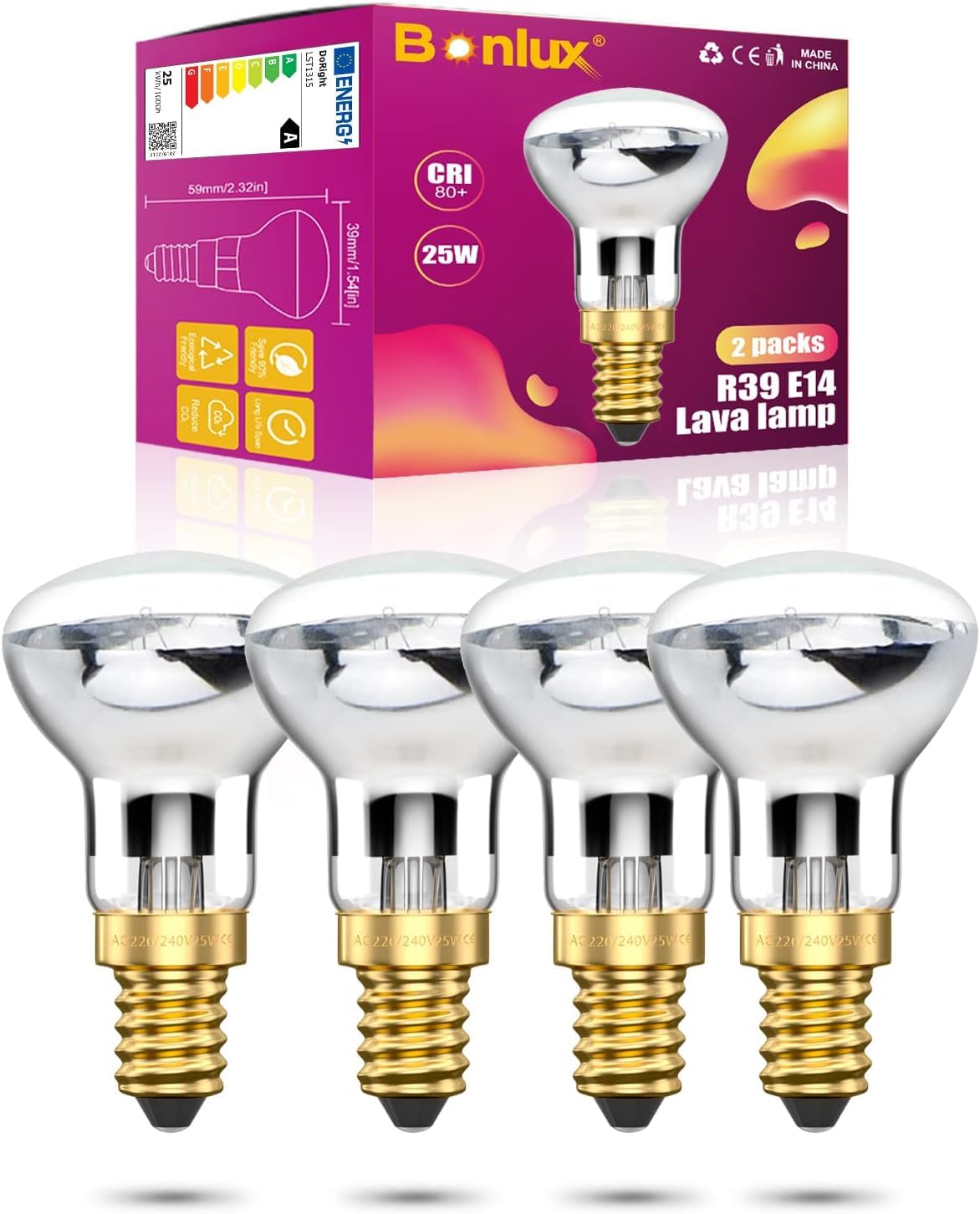 Bonlux R39 E14 Reflector Bulbs Spot Lights Lava Lamp 25W Super Bright Small Edison Screw Base SES Energy Saving Light Bulbs Warm White 2400-2600K 360 Degree Wide Beam Angle 240V Dimmable (4-Pack) [Energy Class A++]