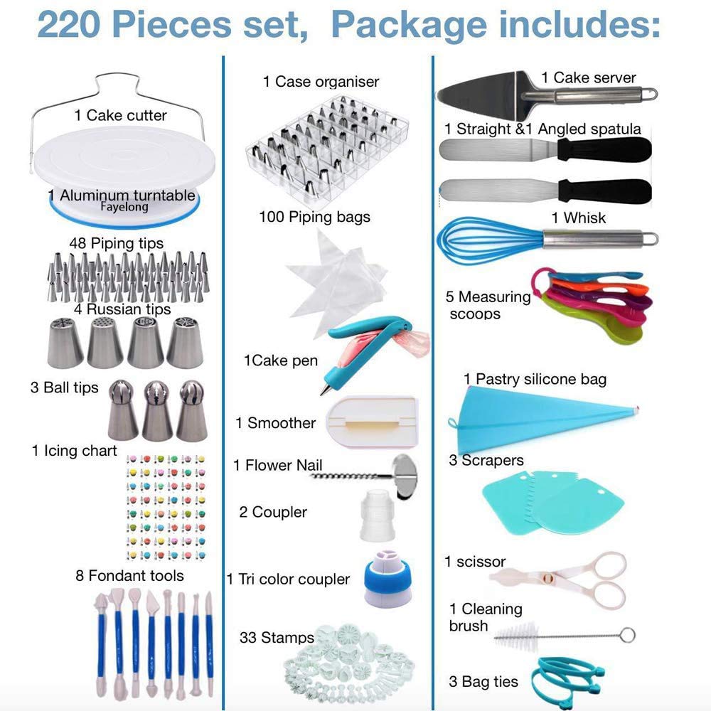 Fayelong Kit Zum Dekorieren Von Kuchen Mit Backzubehör, Satz Mit 220 Teilen, Satz Mit 38 Edelstahl-Zuckergussspitzen, 2 Wiederverwendbaren Kupplungen Und 100 Spritzbeuteln