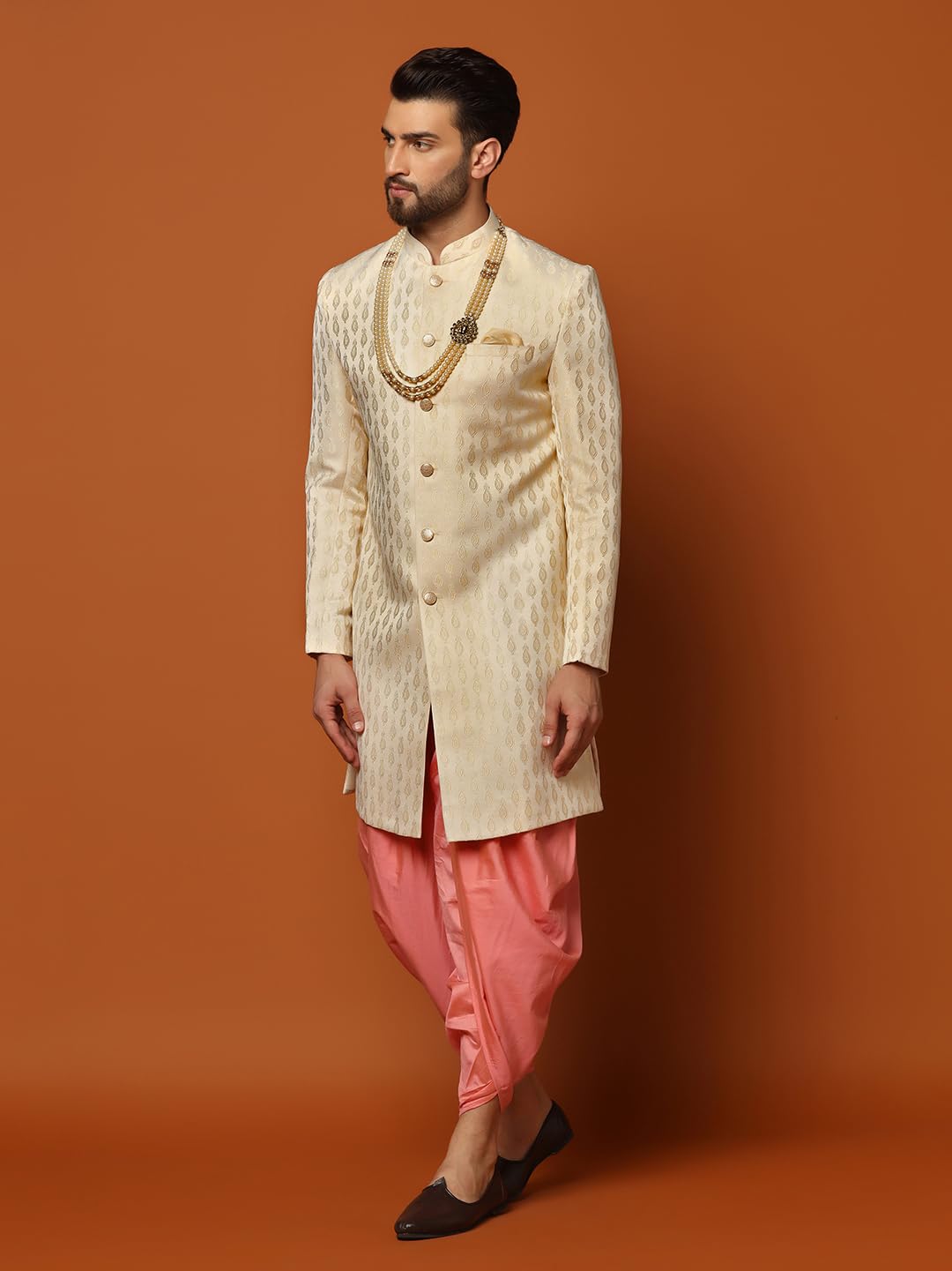 Kisah Men's Cream Sherwani Dhoti Set, Cotton Full Sleaves, Knee Length, Straight, Regular Fit, Mandarin Collar Ethnic Wear
