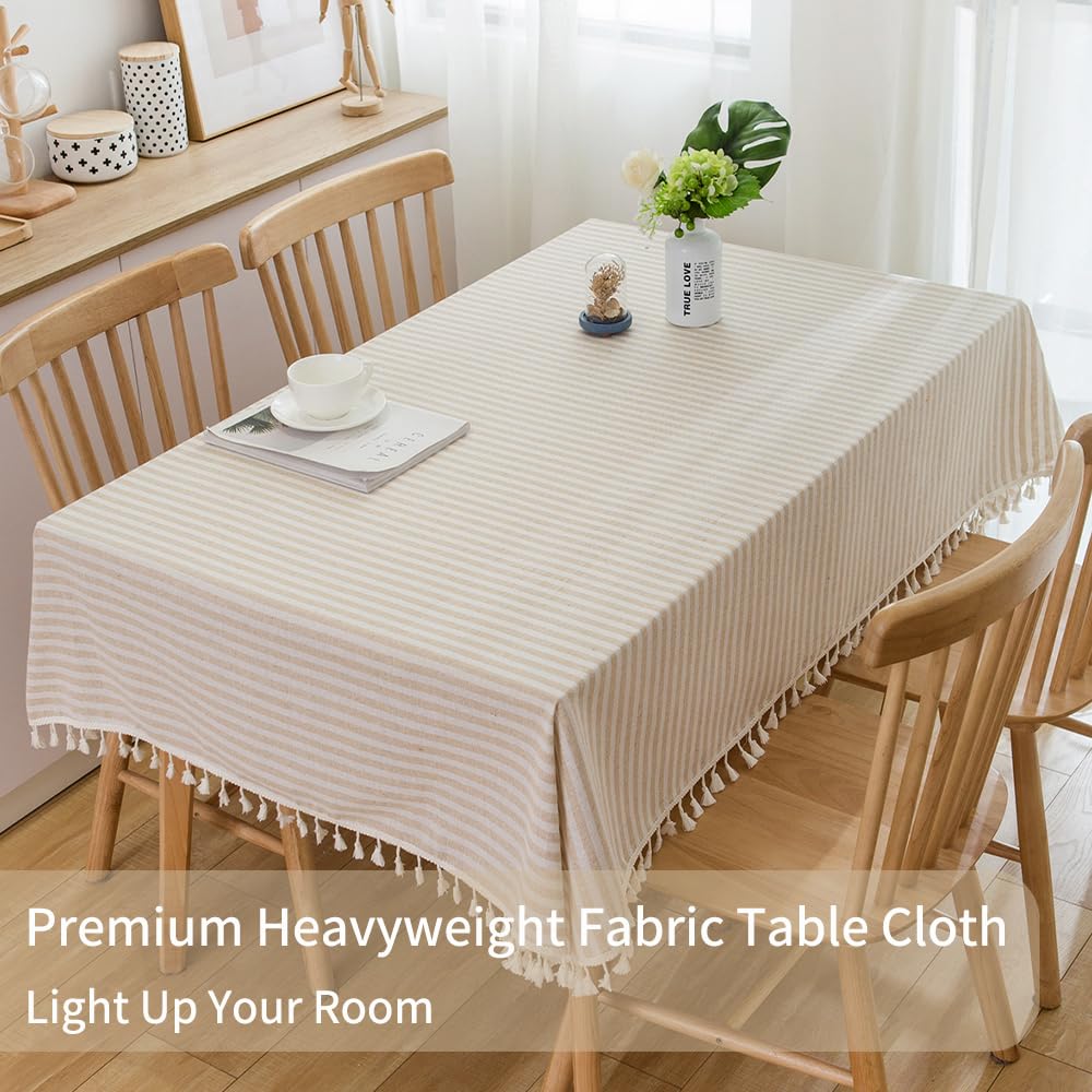 Baumwoll-Leinen-Tischdecke, gestreifte Quaste, rechteckig, staubdicht, für Küche, Esszimmer, 140 x 220 cm, Beige