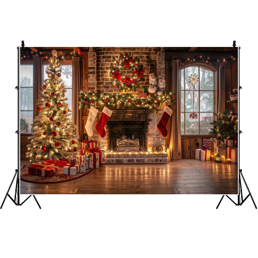 Toile de Fond cheminée Noël Ttincceer 3.5x2.5m, Arbre de Noël Lumineux, Mur de Briques, Plancher en Bois, arrière-Plan Photo, scène de fenêtre, décoration de fête, bannière