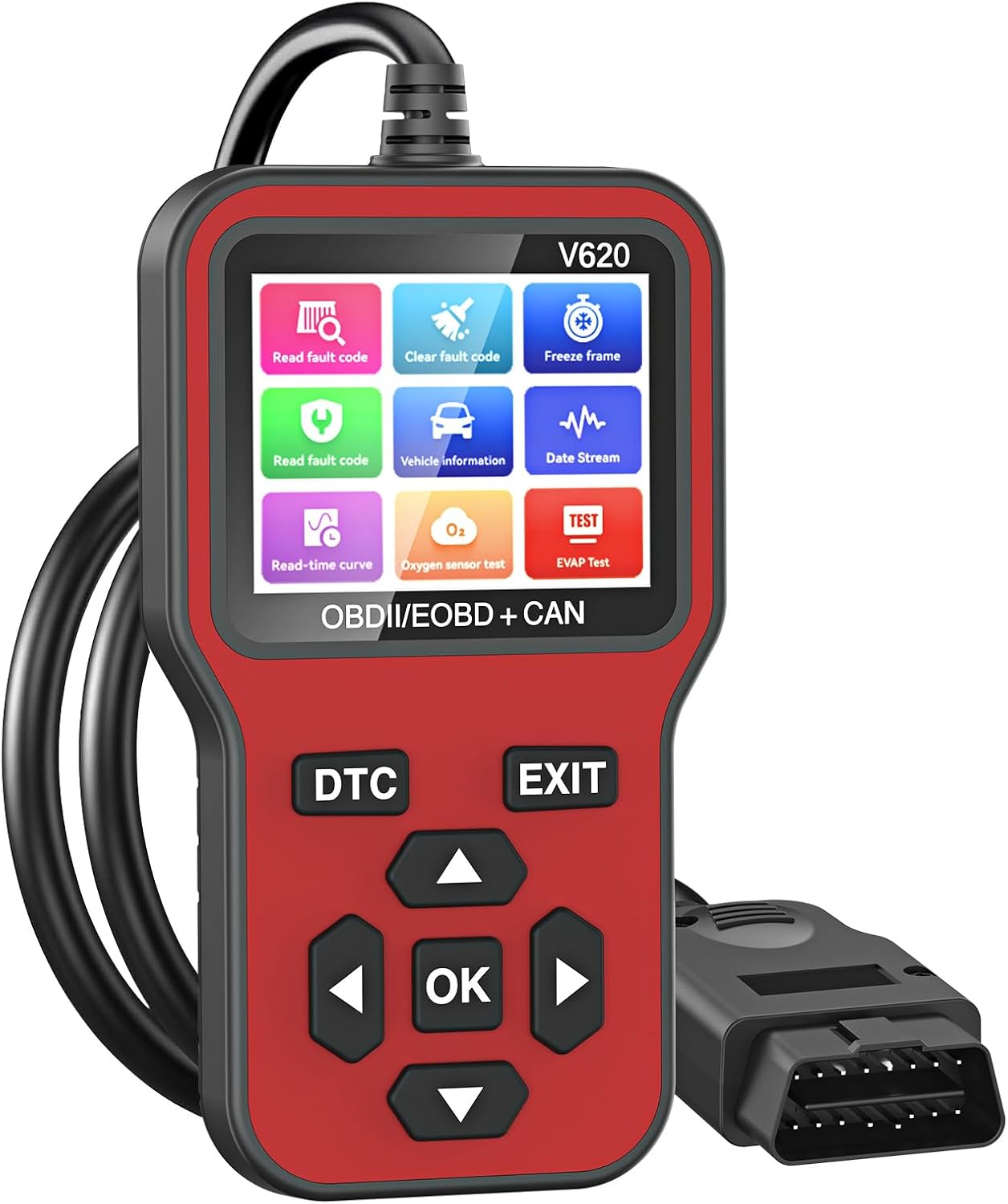 RICOKEY OBD2 Diagnosegerät Auto Auslesegerät OBD Fehler Code Leser Adapter KFZ Fehlercode Lesegerät mit DTC Bibliothek, Batterie Test und 13 Sprachen für Alle OBDII Fahrzeugen