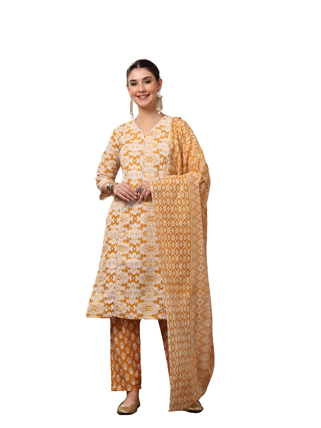 stylum Women's Mustard Ethnic Printed Cotton Straight Kurta Pant Dupatta Set-picture-32