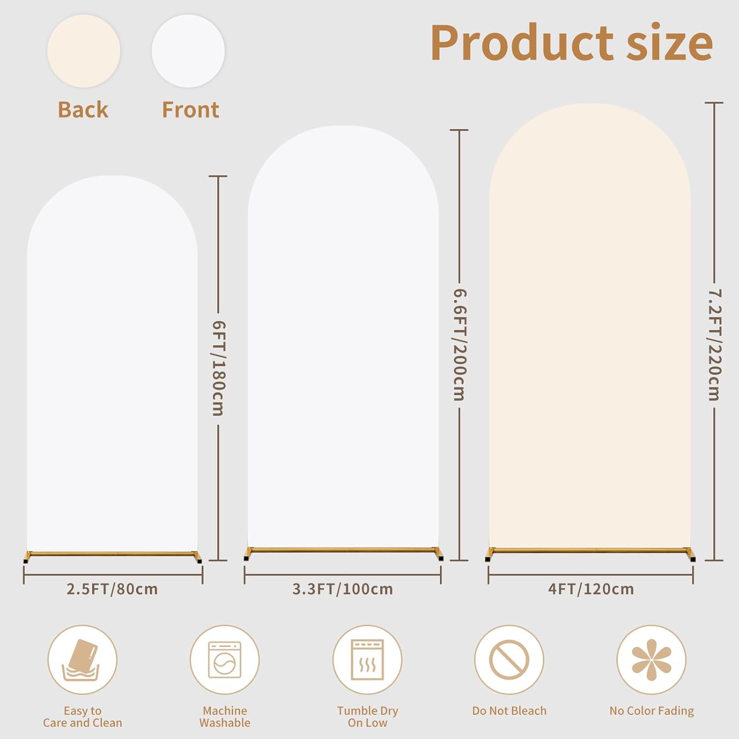 double color arch backdrop cover set of 3 - 6ft/6.6ft/7.2ft wedding spandex fitted covers for round top arch - baby party birthday banquet shower (white+cream) 6ft+6.6ft+7.2ft white+crean