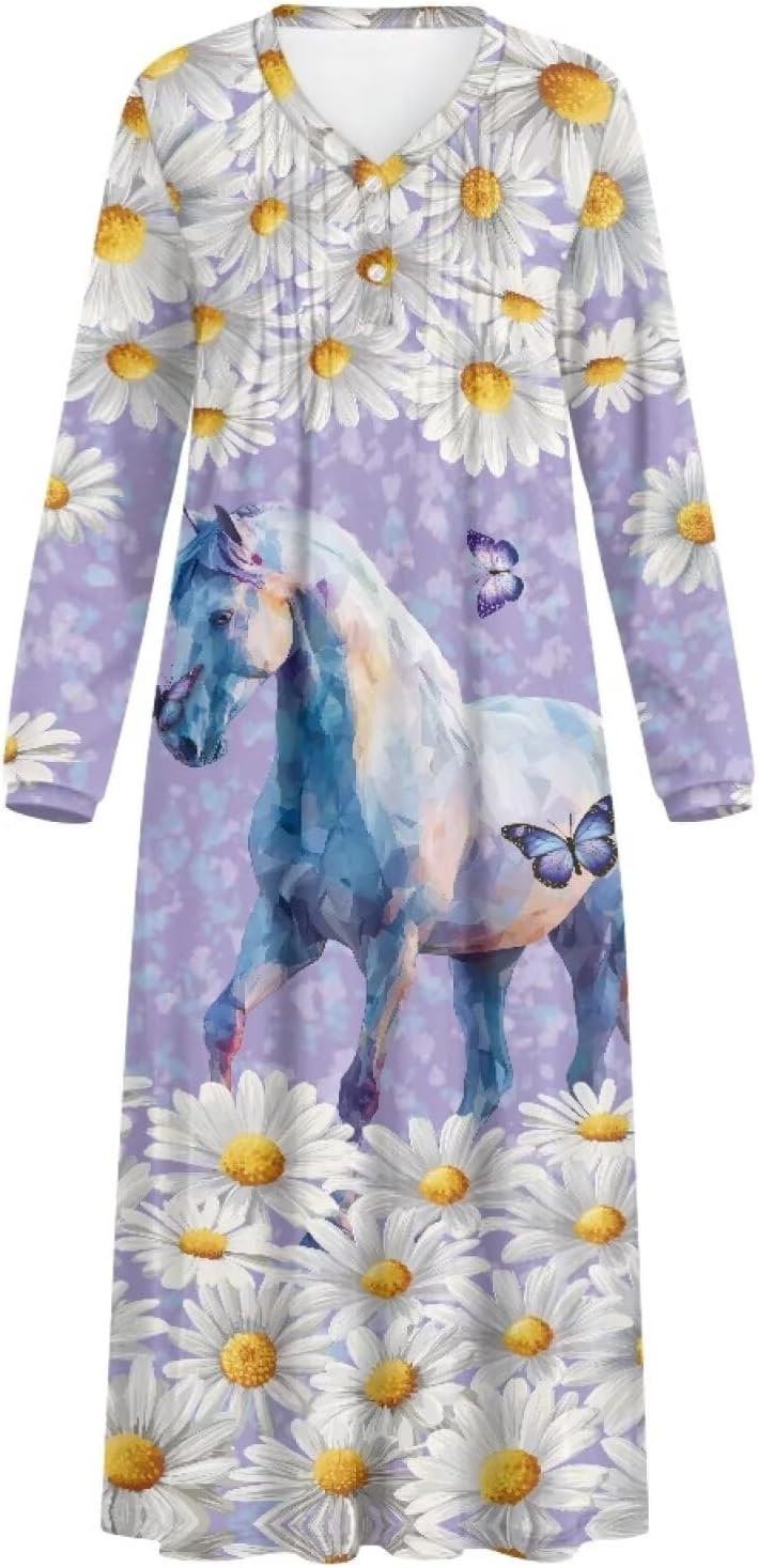 WELLFLYHOM Night Dress for Women Long Sleeve V Neck Nightgowns S-4XL Pullover Oversize House Dress Sleepwear Nightshirt