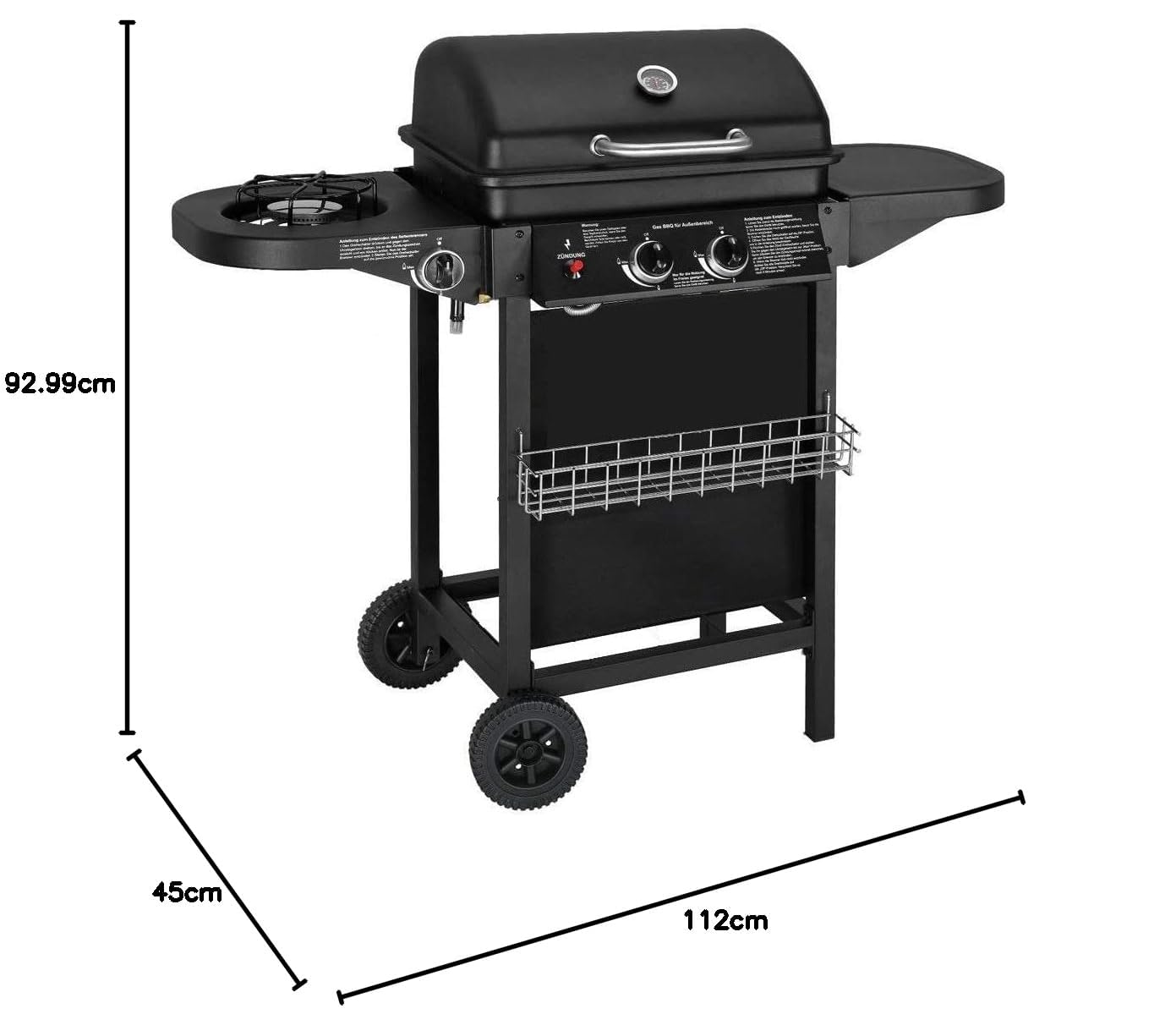 Barbecue à gaz avec 2 brûleurs à gaz compacts, brûleurs latéraux, grilles de barbecue, tables latérales et voiture en acier, 8,7 kW