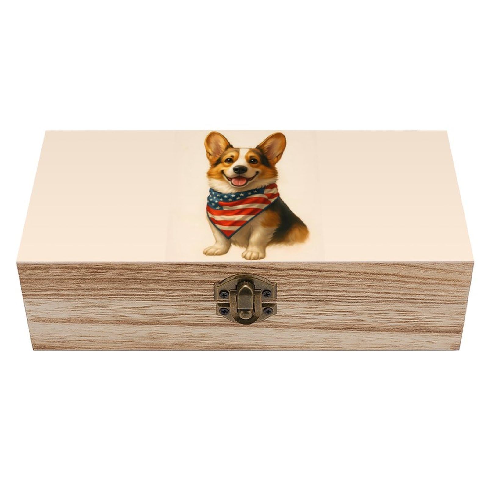 HLBSDM Patriotic Corgi & Daisy Retro Wooden Storage Box Jewelry Art Gift Boxs Decorative Keepsake Boxes