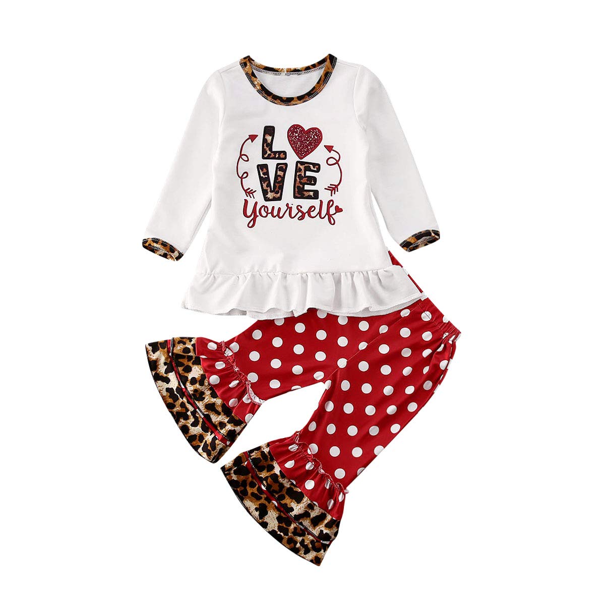 Hnyenmcko Toddler Baby Girls Leopard Outfit Long Sleeve Ruffle Flare Tunic Tops Leopard Leggings 2Pcs Girls Clothing Set (White, 6-12 Months)