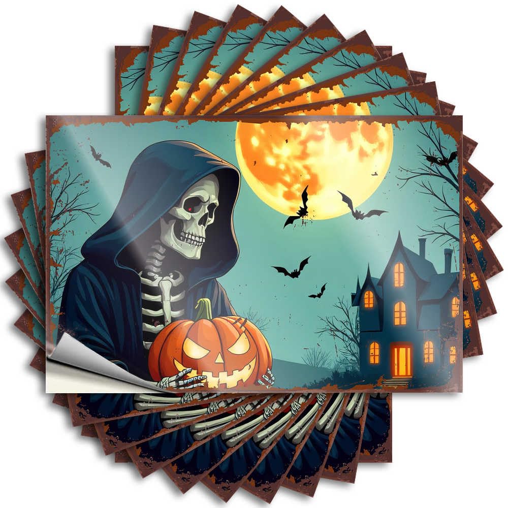 Spooky Reaper with Jack-o'-Lantern in Front of Haunted House Encouraging Quote | Funny House Decor Waterproof Vinyl Bottle Dry Removable Decal Peel Stick(8X12CM)