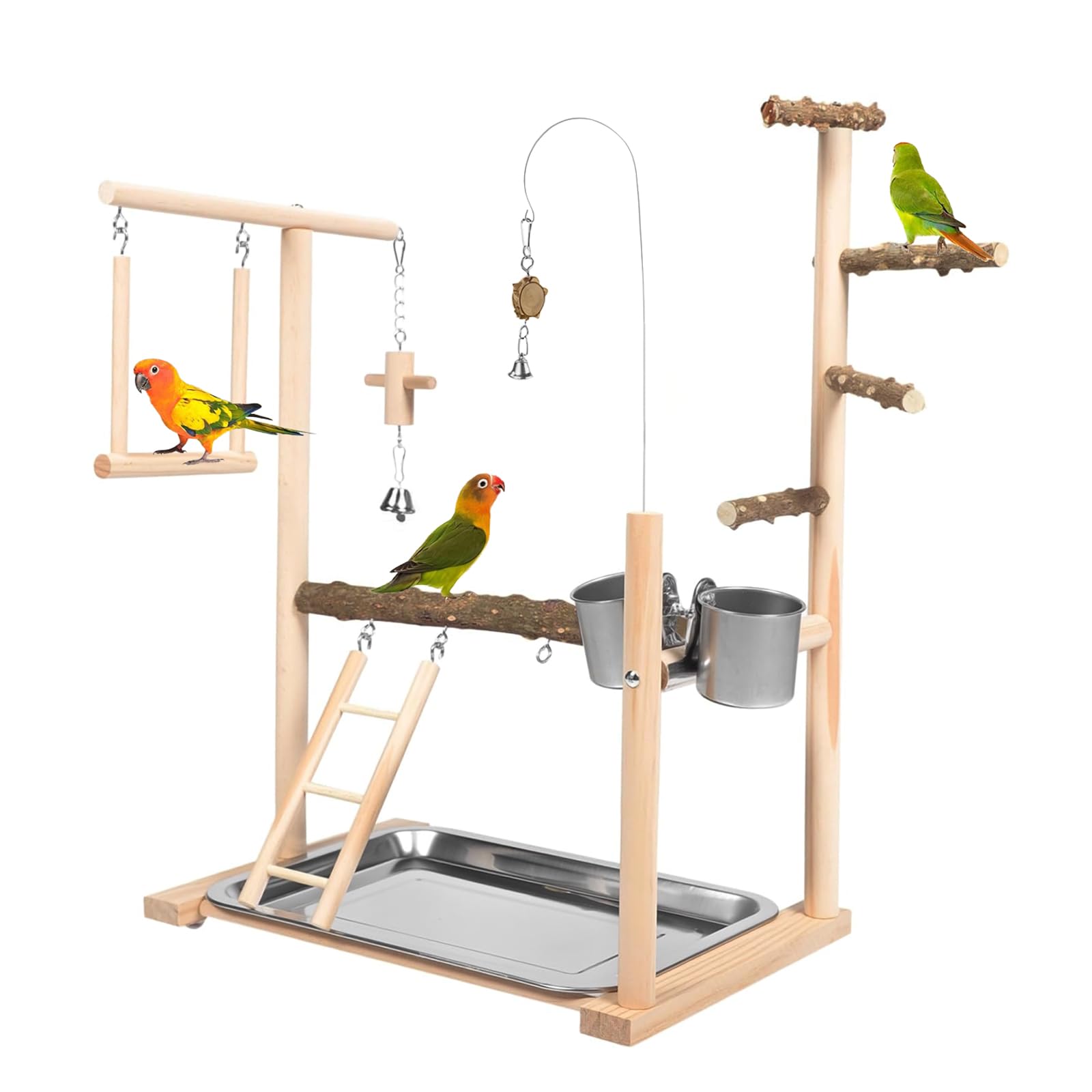 Bird Play Stand, Wooden Bird Playground Exercise Parrot Perch with Stainless Steel Feeder Cup and Tray for Parakeets Cockatiels 19.2 * 13.9 * 9.05 In