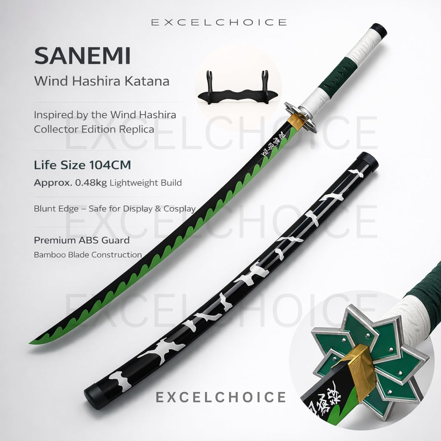 Wooden Sword/Katana Toy Life Size Nichirin 104CM Bamboo Wood Sanemi Katana Toy