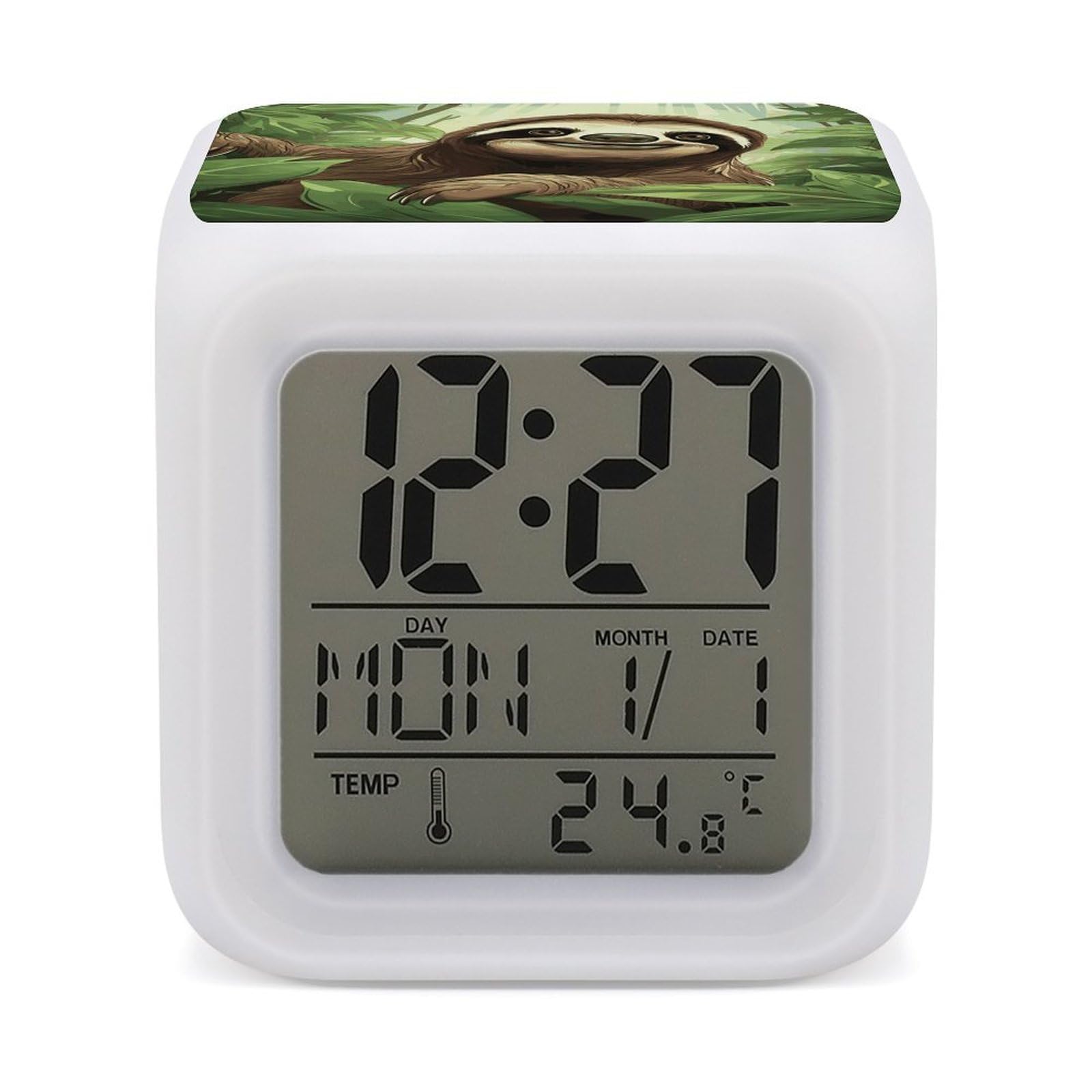 JTREHY Sloths Background Alarm Clock Digital Dimmable Clock for Bedroom LED Display Screen Mini Clocks 7 Color Dimmable Night Lights Time-to-Rise Alarm Clocks for Office Living Room