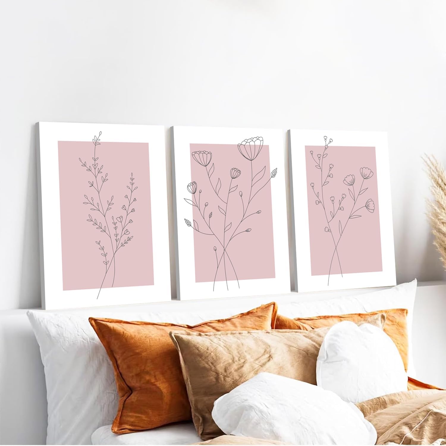 WARTHZ Pink Flower Wall Art Light Pink and White Botanical Line Pictures Wall Decor Painting Set of 3 Floral Plant Poster Canvas Print for Girl Bedroom Living Room Framed 12x16 inch