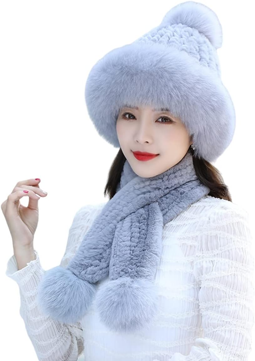 2PCs Hat + Scarf Women Genuine Rex Rabbit Hair Hats with Brim Pompom Beanies Neck Warmer Winter Warm