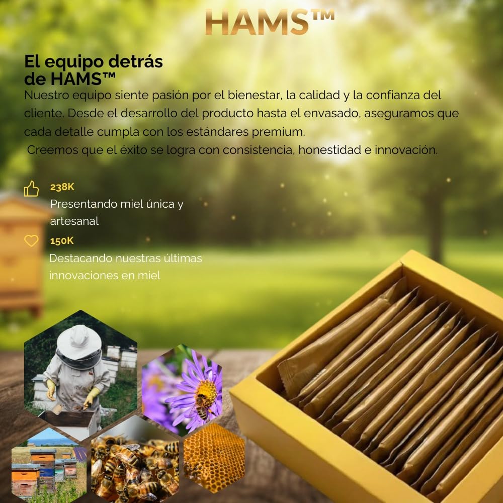 HAMS Miel Natural Sin Filtrar con Jalea Real, Sobres de 20g, Caja de Regalo Dorada, 12 Unidades