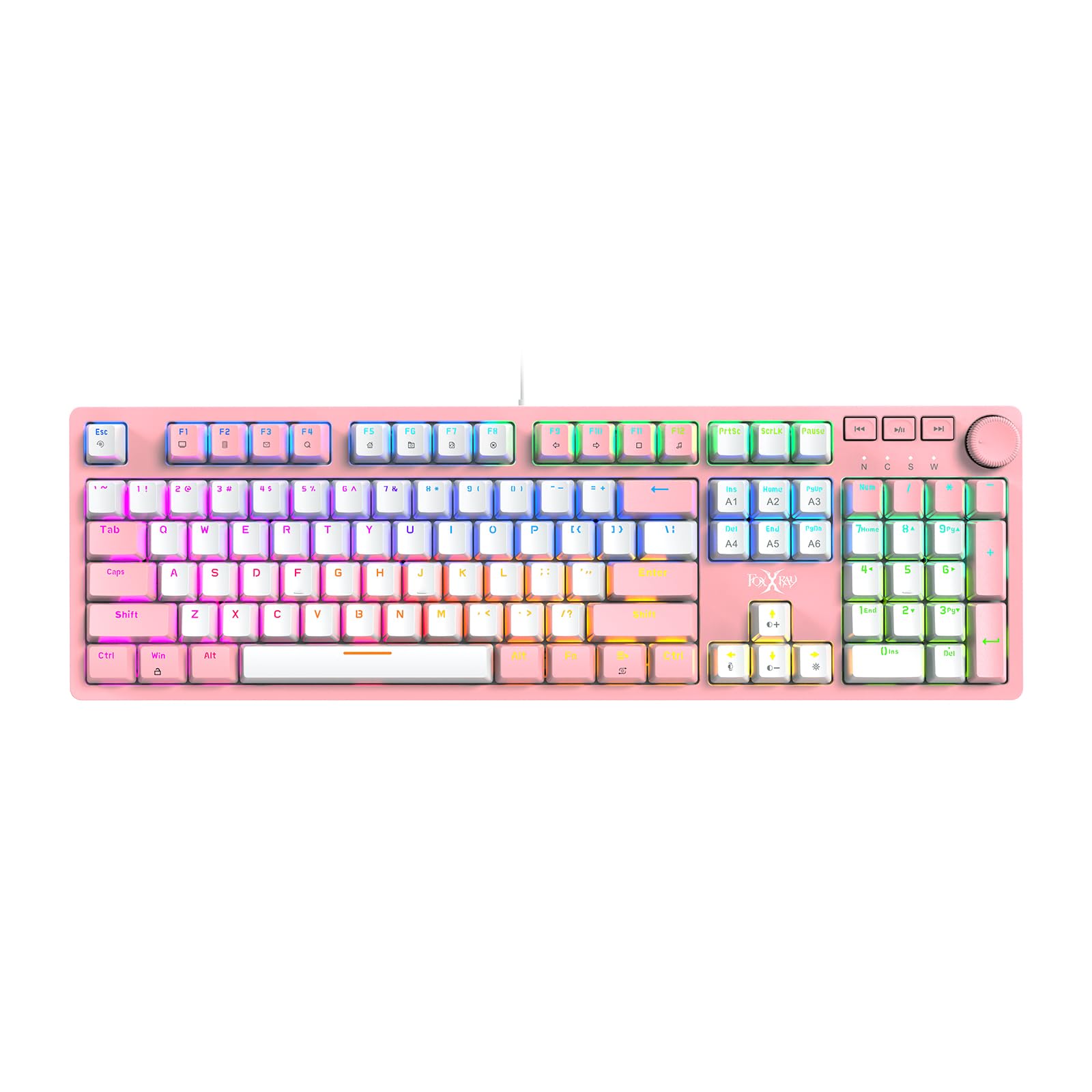 FOXXRAY HKM-95 przewodowa mechaniczna klawiatura do gier, pełnowymiarowe podświetlenie RGB z pokrętłem sterowania multimediami, przełączniki Outemu, USB Plug and Play, do PC/Mac/Windows, różowa i