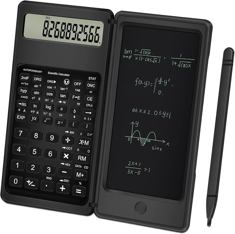 Scientific Calculator with Notepad, Calculator for Student, Black | 10 Digits LCD Display Calculator with Writing Pad, Foldable Calculator for Middle School High School, Battery Powered