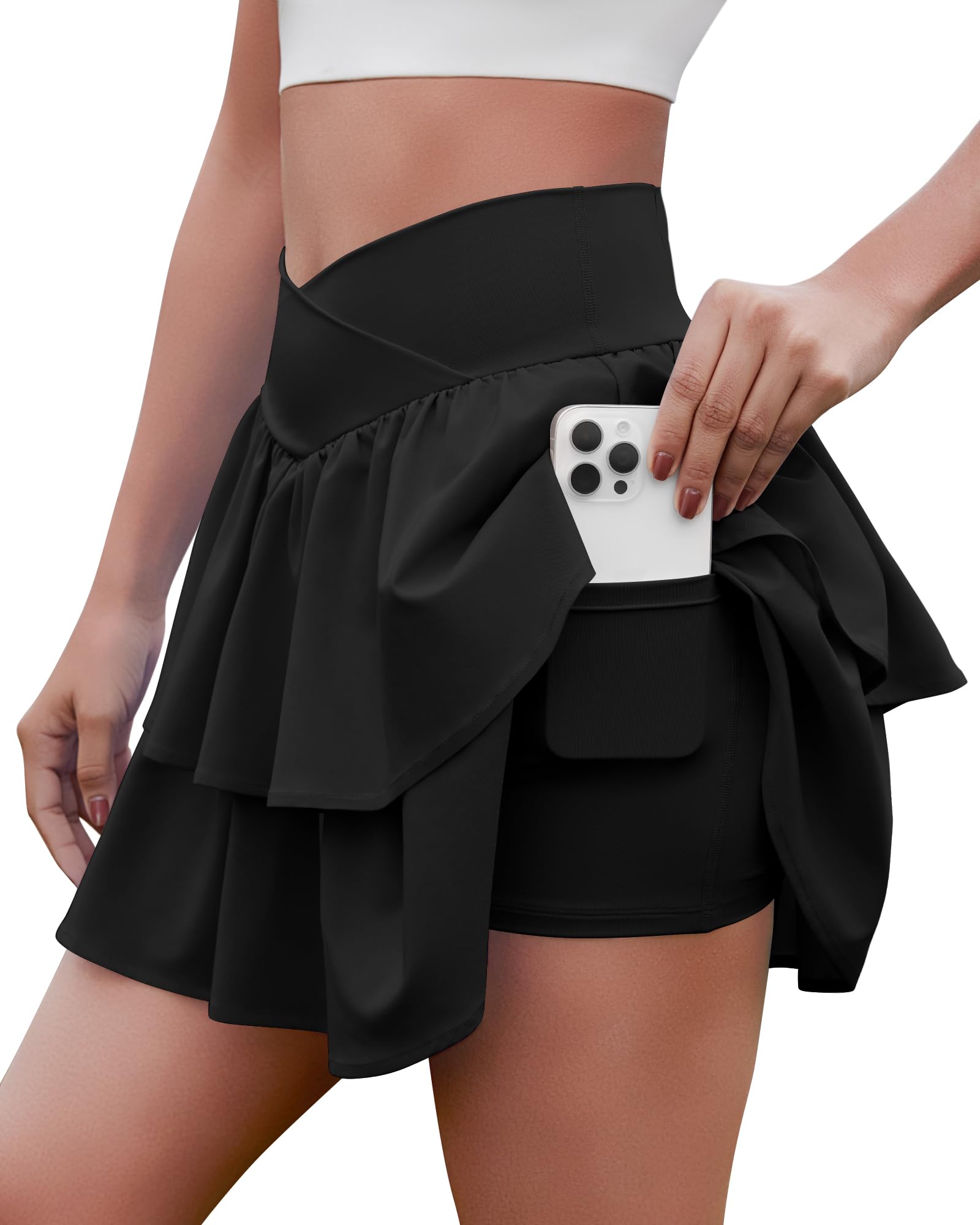 DLOODA Falda de tenis con volantes para mujer, con bolsillos cortos, atlética, cruzada, en capas, para golf y correr