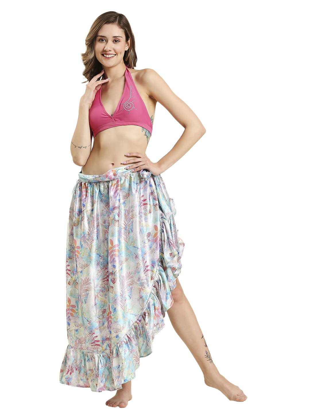 dupatta bazaar Women's Aqua Blue Satin Tie Up Long Skirt Sarong Beach Cover Up Sarong Wrap, Free Size-picture-15