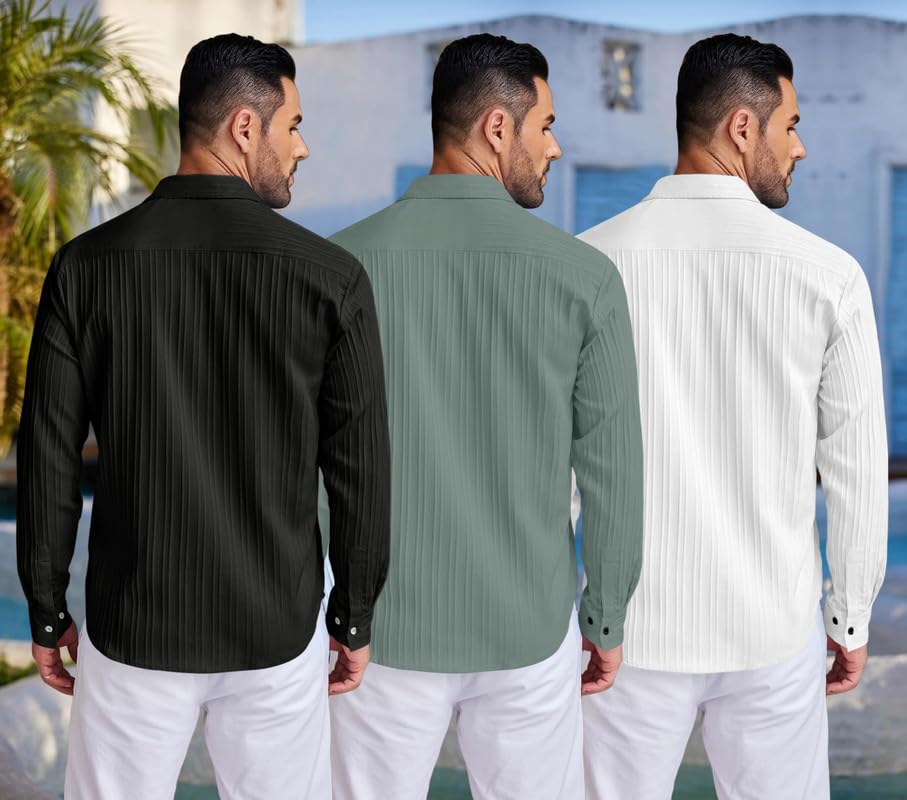 Image of FINIVO FASHION Combo of Men's Casual Cotton Plain Button Down Shirt Long Sleeve Textured Summer Beach Shirt for Men Pack of 3