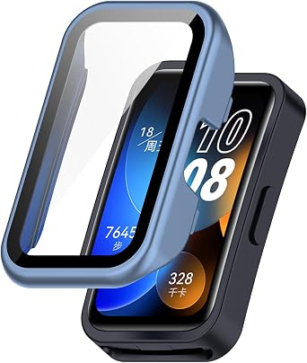 Hard PC Case with Tempered Glass Screen Protector Compatible with Huawei Band 10 9 8 Protective Cover Case for Huawei Band 10 Smartwatch Blue